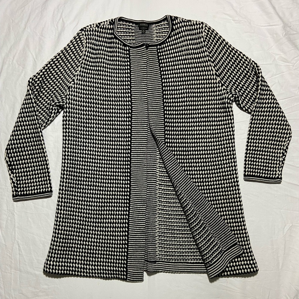 Talbots Black and White Checkered Merino Wool Cardigan Sweater